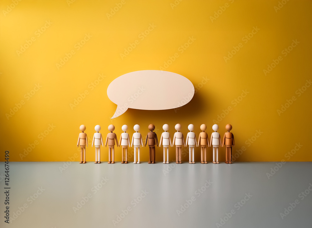 Poster mannequin figures stand in a row under a speech bubble against a yellow wall. representing communica