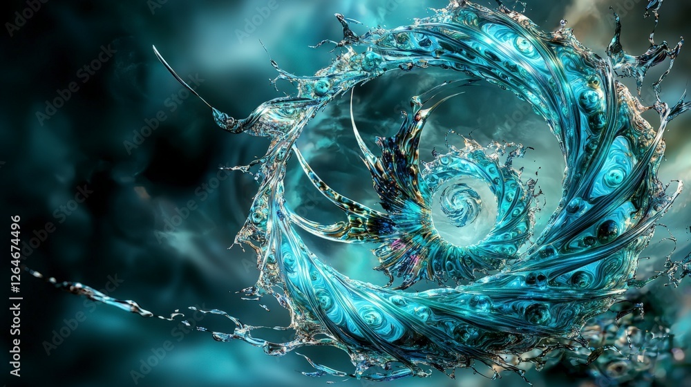 Poster Energetic swirl of aquagreen spirals abstract digital art dynamic background vivid colors surreal concept