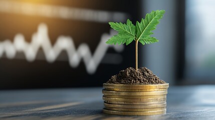 Growing Plant on Stack of Coins with Business Graphs