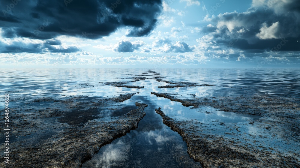 Poster dissolving arrows of emptiness on a solitary ocean plane serene landscape atmospheric viewpoint refl