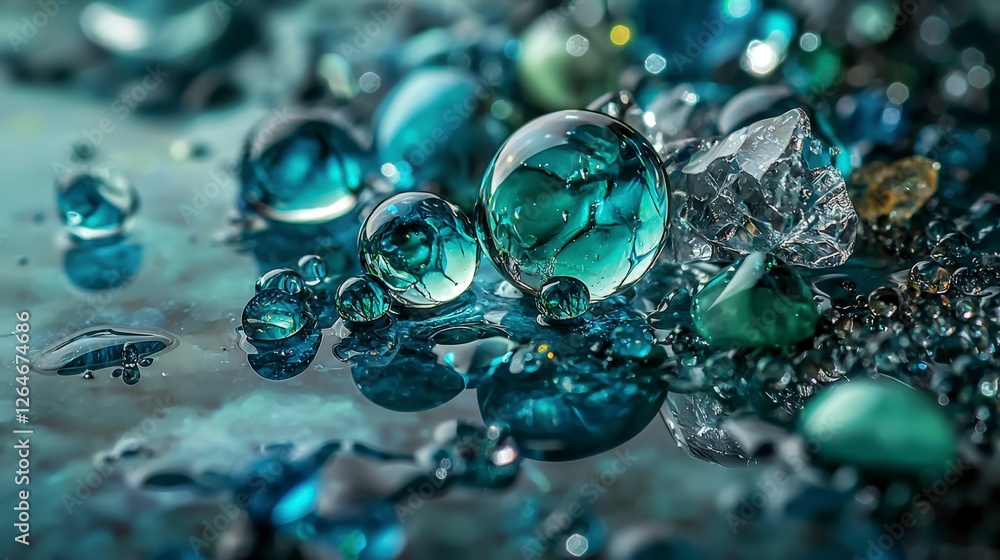 Poster bluegreen droplets dance across canvas surface macro photography studio setting abstract art perspec