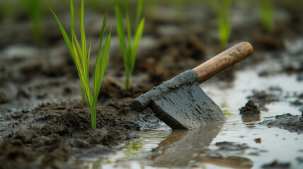 稲の苗と古き農具、田んぼの静寂な瞬間