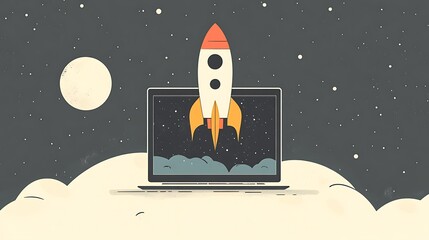 Rocket Launching from Laptop in Digital Art, A digital artwork depicting a rocket launching from a laptop screen, surrounded by clouds and planets