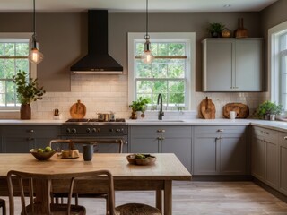 Fototapeta premium A thoughtfully designed kitchen with a rustic wooden dining table