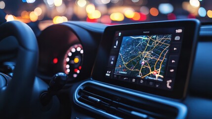 A close-up of smart car dashboard with modern navigation screen displaying interactive map and traffic updates