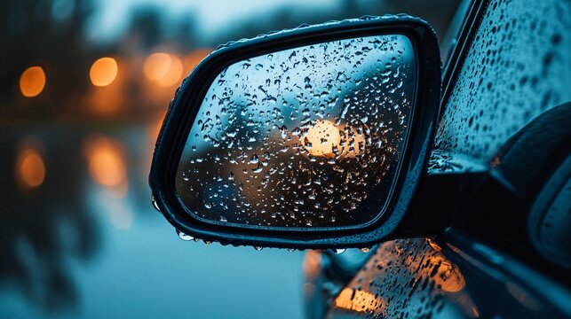 Reflections in Rain: Close-Up of Car Side Mirror with Water Droplets