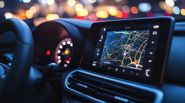 A close-up of smart car dashboard with modern navigation screen displaying interactive map and traffic updates - Powered by Adobe