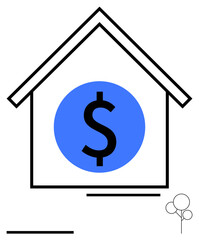 House outline encloses dollar symbol on blue background, minimal tree signifies real estate, investment, or property value. Ideal for real estate, home finance, investment, property sales, minimal