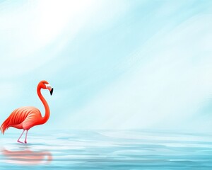 Fototapeta premium A pink flamingo stands on a body of water. The image has a calm and serene mood