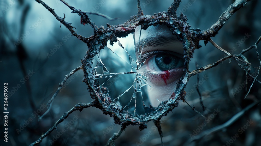 Poster haunting reflections a surreal journey of self-discovery in a dark forest with a broken mirror