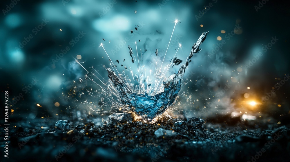 Poster dynamic water splash creating brilliant silver sparks in dark environment high-speed photography dra