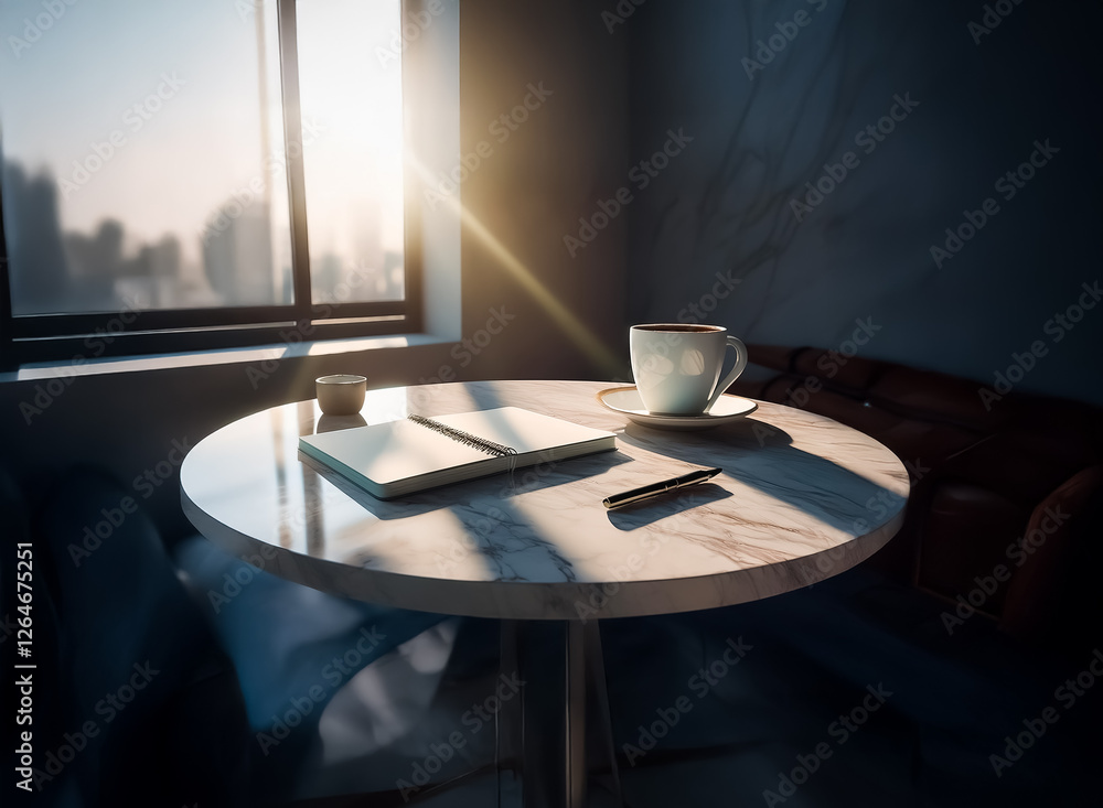 Poster sunlight streams through a window onto a round table, highlighting a notebook, pen, and coffee cup. 