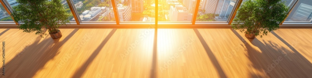 Aufkleber sustainable workspace growth sunlit open office layout with wooden floors and greenery - enhancing c