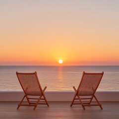 Serene Coastal Escape Natural Wood Lounge Chairs Facing Sunset Over Ocean - Luxury Travel Marketing and Beach Resort Lifestyle Innovation
