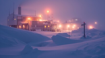 A research station sits in a snowy landscape, dimly lit by artificial lights while snow falls heavily around it. Strong winds and low visibility create a stark, wintry atmosphere during the night.