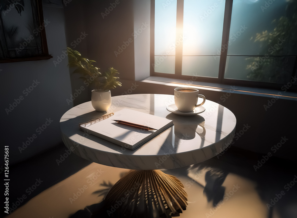 Poster sunlight filters through a window, casting warm light on a round table. a notebook, pen, and coffee 