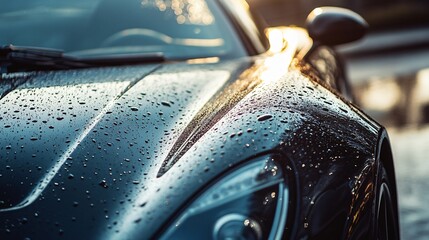 Close-Up of a Sleek Black Sports Car with Water Drops on Surface