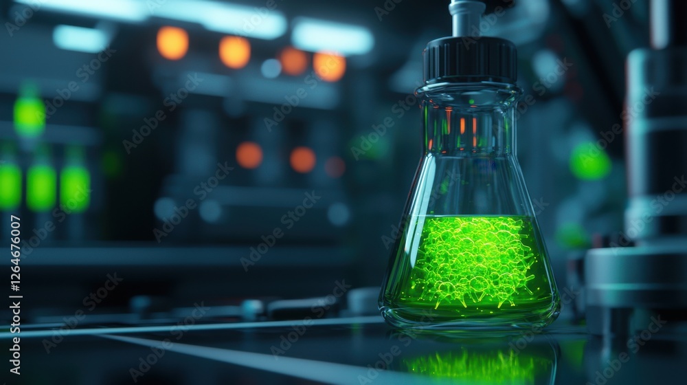 Poster a glowing green liquid in a laboratory flask sits on a table, surrounded by high-tech equipment, ind