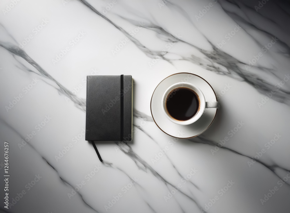 Poster a minimalist top-down view of a black notebook and a cup of dark coffee on a white marble surface, c