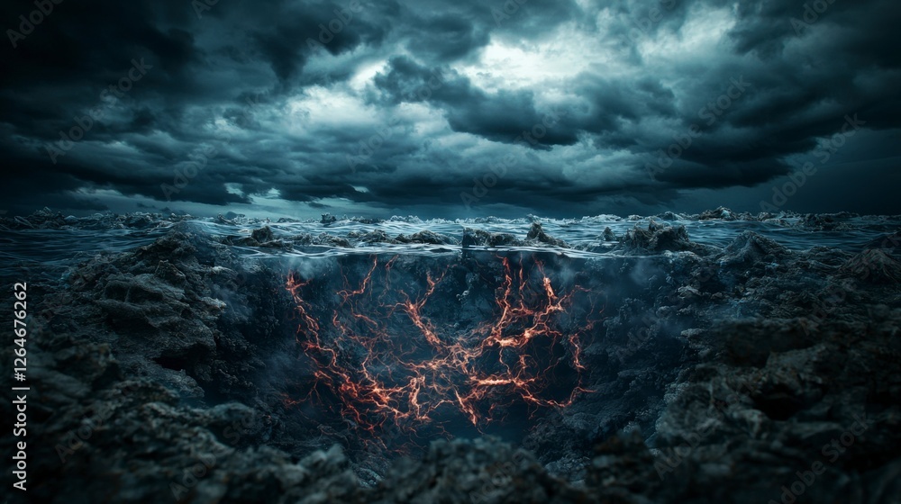 Aufkleber Trembling diagonal lines of nonexistence above a dark ocean abstract scene surreal environment moody viewpoint