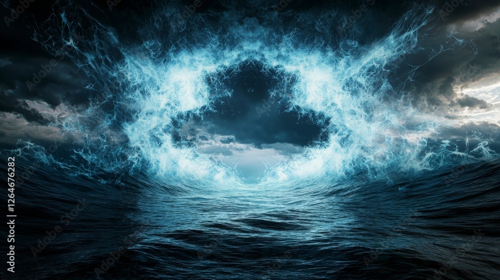 Poster turbulent waves collide with sky oceanic event dynamic environment dramatic perspective concept of n