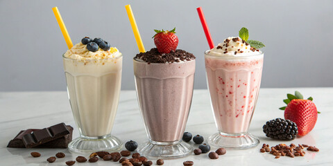 rio of gourmet milkshakes in vanilla, chocolate, and strawberry flavors, garnished with berries and chocolate shavings on a white tabletop
