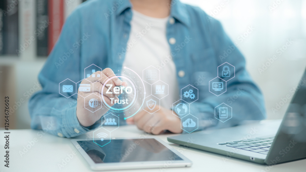 Poster zero trust security concept, businessmen use laptops with virtual zero trust icons for business info