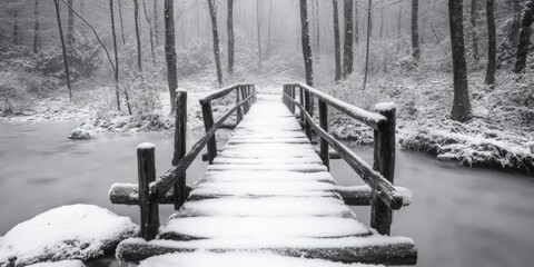 Obraz premium Wooden Bridge Over Snowy Stream