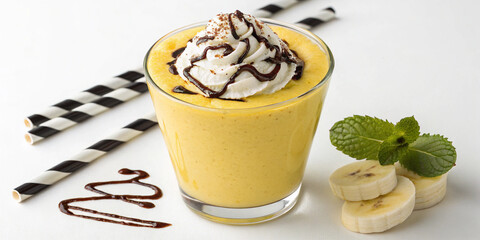 ropical banana smoothie with a swirl of chocolate syrup, fresh banana slices, and a mint garnish, elegantly presented in a glass cup