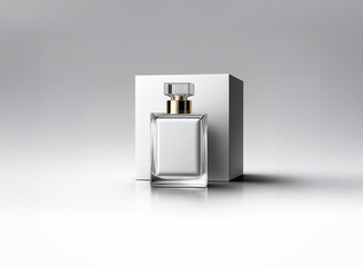Elegant perfume bottle with golden accents and a white box on a clean white background, showcasing a minimalist aesthetic.