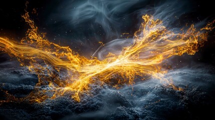 Fototapeta premium Golden streaks carve pathways through dreamlike void abstract art digital creation surreal environment wide view