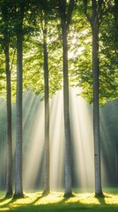 Biophilic Design Inspiration Sunlit Ancient Tree Trunks in Forest Setting - Enhance Workplace Wellness and Sustainability with Natural Tranquility
