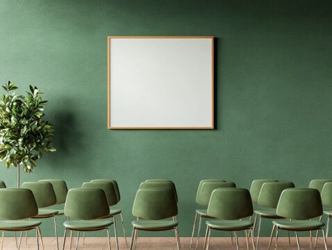 Eco-Chic Workplace Setup Modern Green Conference Space with Minimalist Whiteboard and Stylish Seating - Professional Development and Creative Collaboration in Business Environments