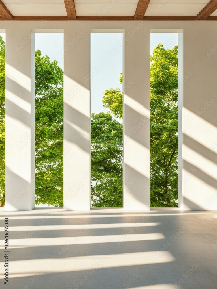 Aufkleber sunlit minimalist architecture vertical window panels with trees - modern workspace design and eco-f