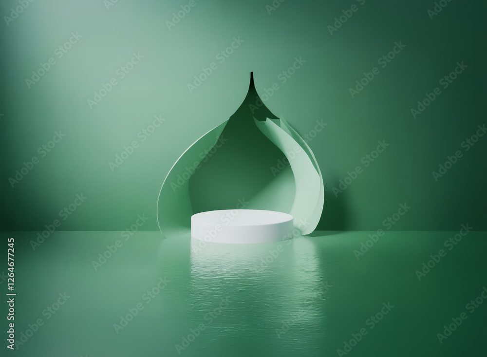 Poster minimalist green scene with a white podium in front of an abstract leaf-like shape, creating a seren