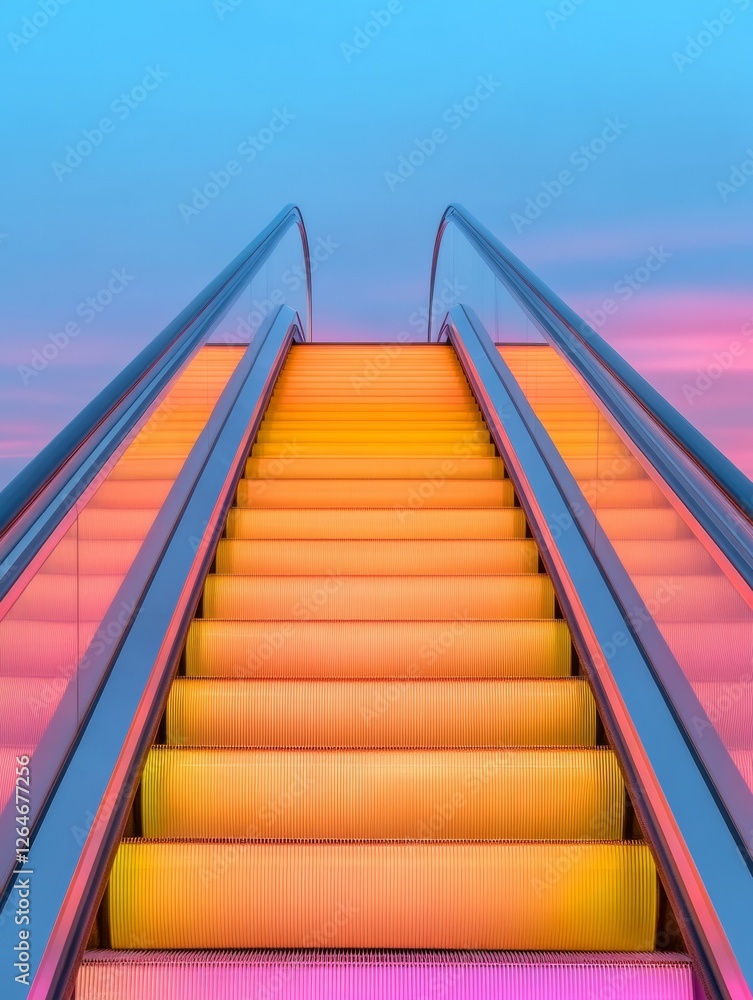 Aufkleber neon gradient escalator vibrant glass and metal structure in multi-level retail space - modern shopp