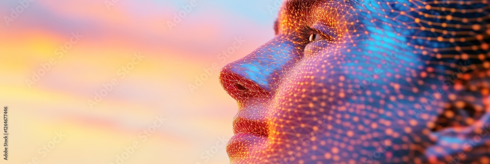 Poster futuristic digital mesh portrait vibrant wireframe on human face - ai tech aesthetic for innovative 