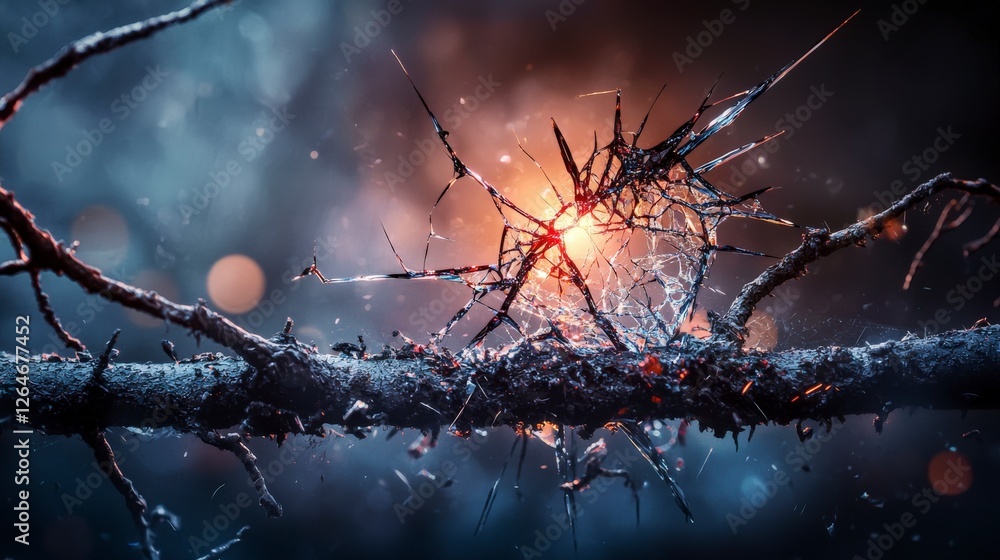 Poster shattered reflections hopeful hues in a dark forest abstract art surreal environment close-up perspe