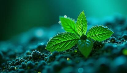 Microscopic Digital Grid of Mint and Basil Cells in Neon Green and Electric Blue with Pixelated Textures and Holographic Glitch Effects