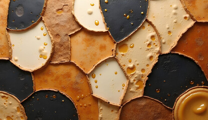 Cubist-Inspired Abstract Shapes in Crusty Brown, Dough Beige, and Charcoal with Geometric Cracks Filled with Metallic Honey