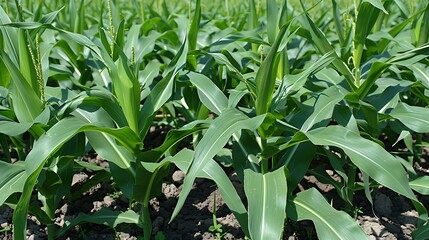 Obraz premium Close-up of vibrant green corn cobs surrounded by healthy leaves in a sunlit cornfield