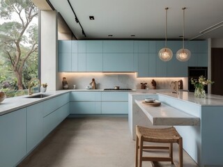 Bright modern kitchen with light blue cabinets and marble counters
