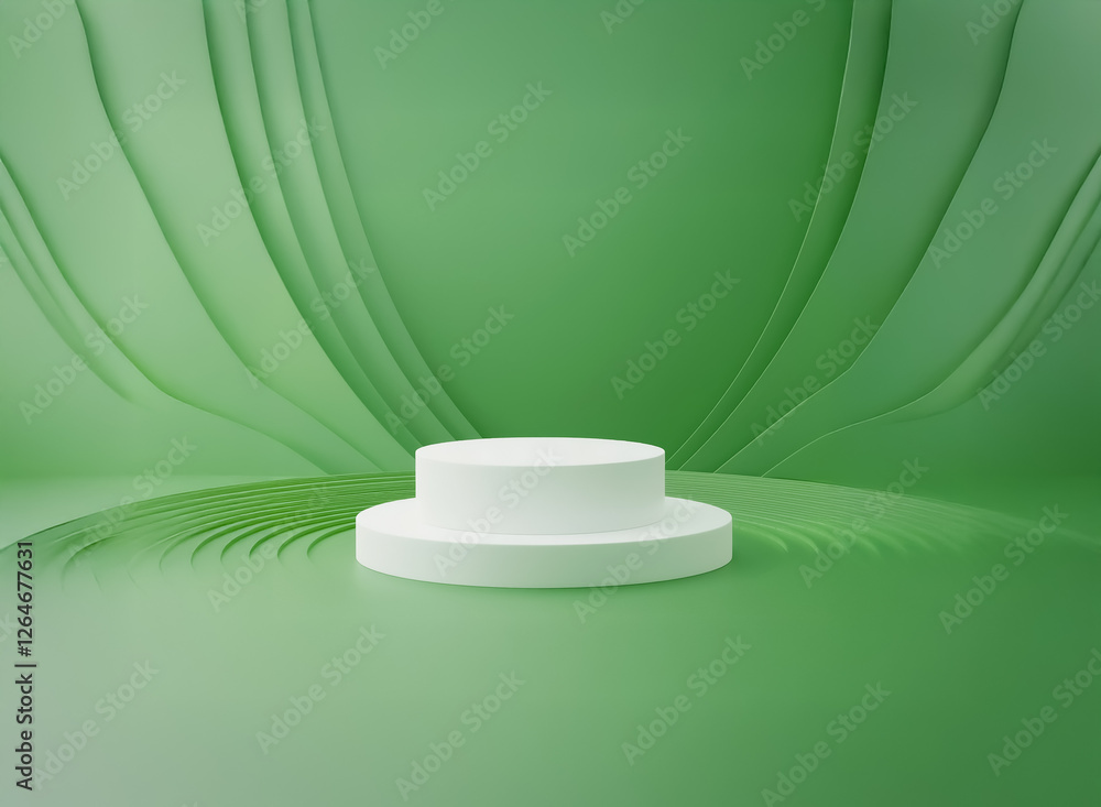 Poster clean white product podium stands out against a fresh green studio backdrop with soft, wavy layered 