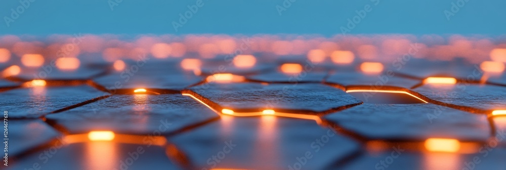Poster Futuristic Tech Decor Interconnected Hexagonal LED Network on Textured Surface - Innovative Digital Art Installation for Modern Workspaces and Immersive Environments