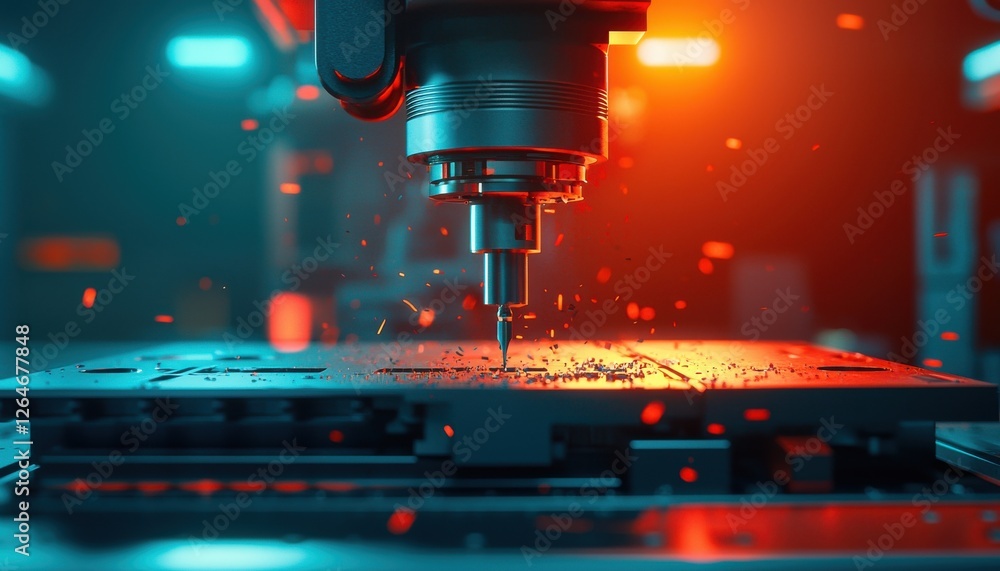 Poster a close-up view of a high-tech milling machine working on a circuit board, illuminated by vibrant bl