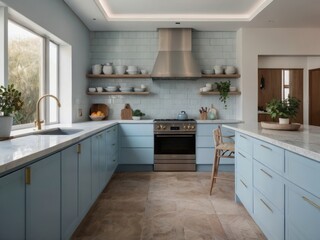Fototapeta premium Bright and airy modern kitchen featuring light blue cabinetry