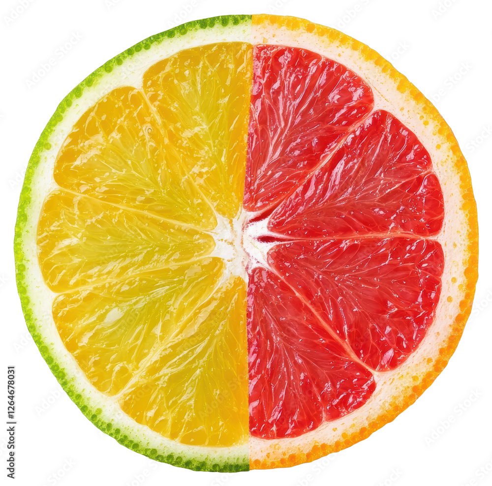 Poster cross section of a citrus fruit with distinct yellow and red sections on transparent