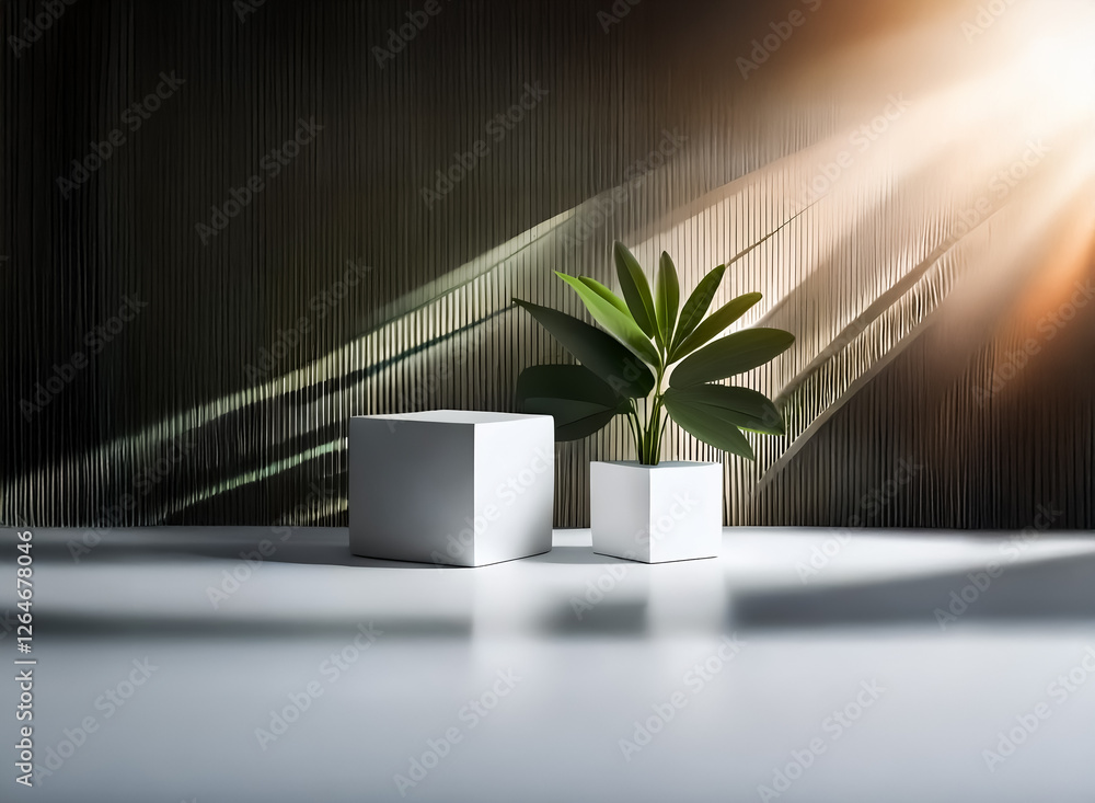 Poster sunlight illuminates a small green plant in a white cube pot beside an empty pot. shadows are cast o
