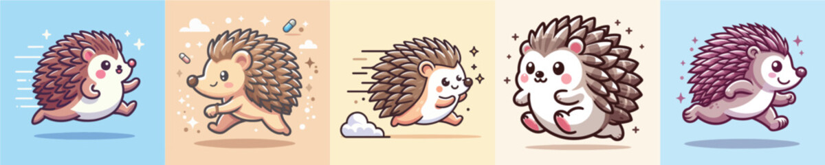 vector set of adorable hedgehogs running