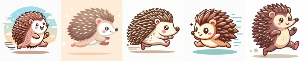 vector set of adorable hedgehogs running